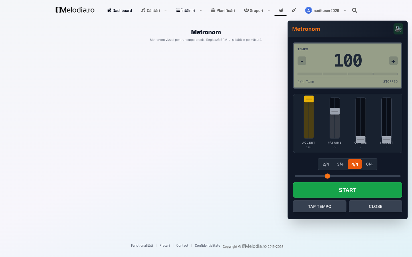 Metronom vizual cu tempo slider și time signature